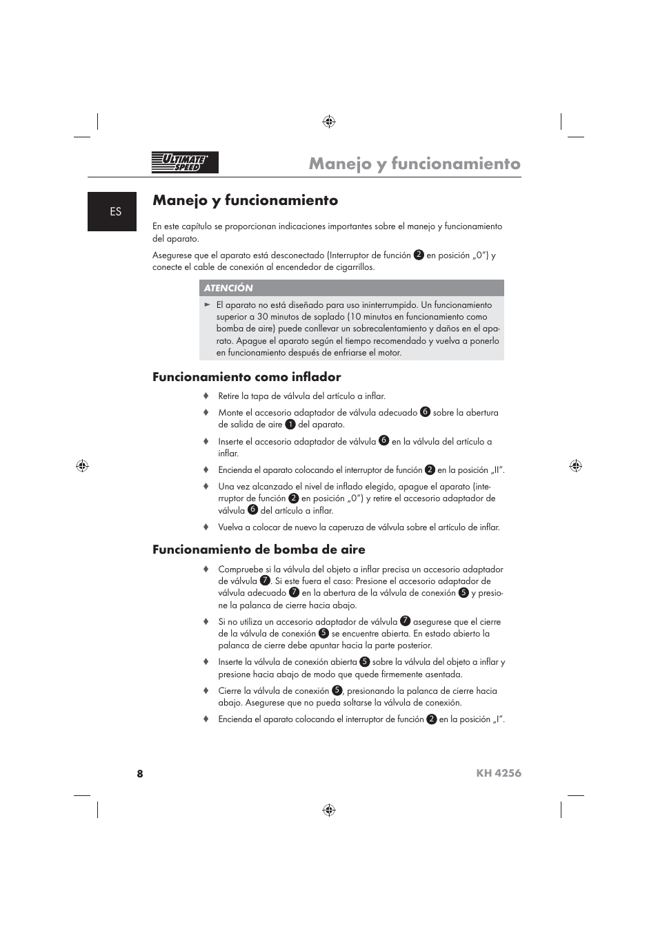 Manejo y funcionamiento, Funcionamiento como inﬂ ador, Funcionamiento de bomba de aire | Ultimate Speed KH 4256 User Manual | Page 10 / 72