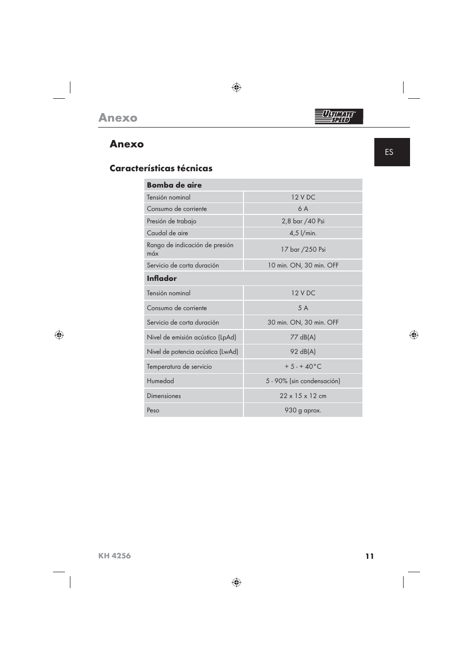 Anexo, Características técnicas | Ultimate Speed KH 4256 User Manual | Page 13 / 72