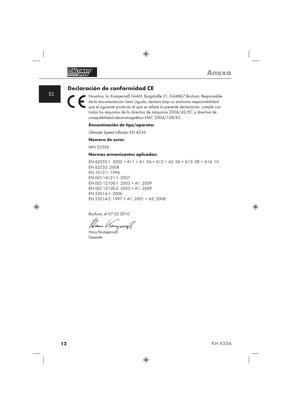Anexo, Declaración de conformidad ce | Ultimate Speed KH 4256 User Manual | Page 14 / 72