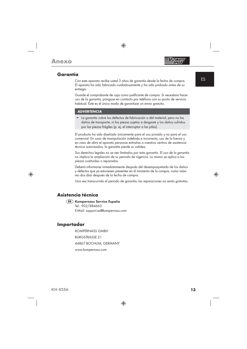 Anexo, Garantía, Asistencia técnica | Importador | Ultimate Speed KH 4256 User Manual | Page 15 / 72