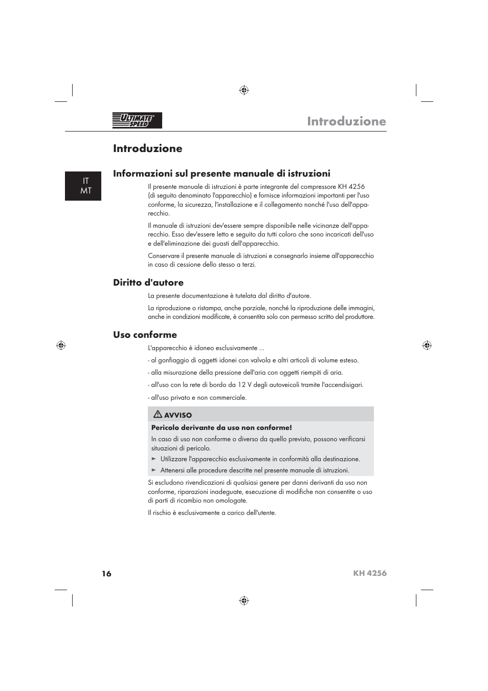 Introduzione, Informazioni sul presente manuale di istruzioni, Diritto d'autore | Uso conforme, It mt | Ultimate Speed KH 4256 User Manual | Page 18 / 72