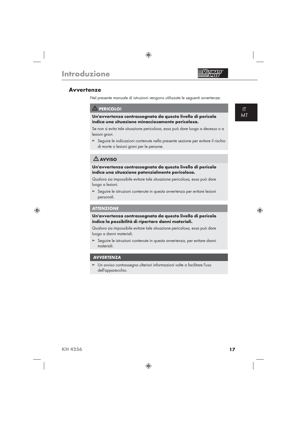 Introduzione, Avvertenze, It mt | Ultimate Speed KH 4256 User Manual | Page 19 / 72