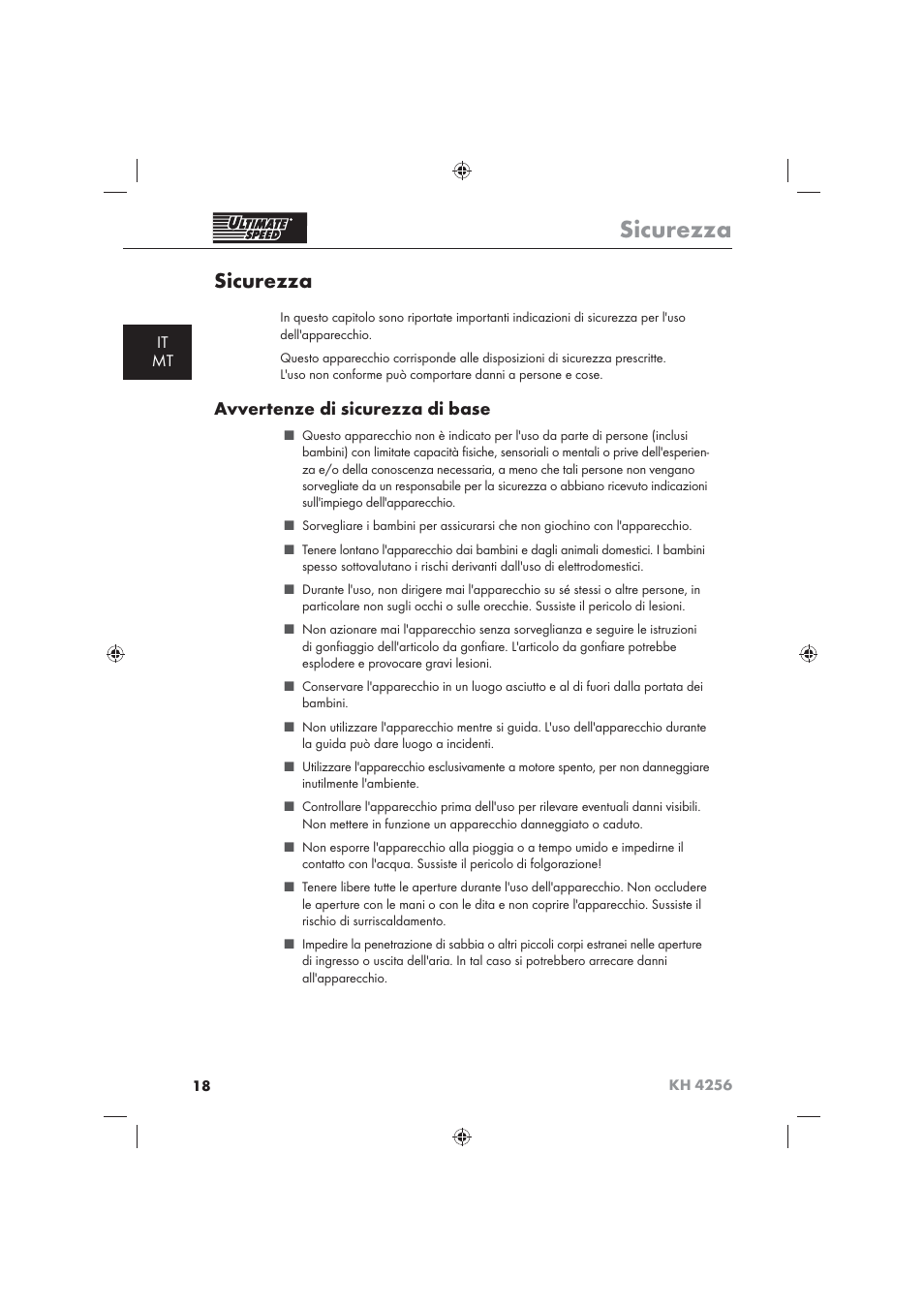 Sicurezza, Avvertenze di sicurezza di base, It mt | Ultimate Speed KH 4256 User Manual | Page 20 / 72