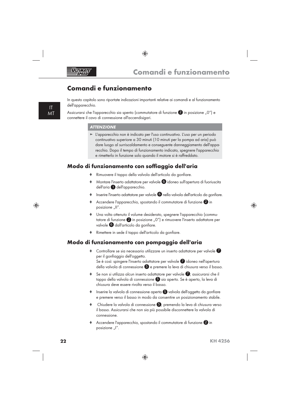 Comandi e funzionamento, Modo di funzionamento con soﬃ aggio dell'aria, Modo di funzionamento con pompaggio dell'aria | It mt | Ultimate Speed KH 4256 User Manual | Page 24 / 72
