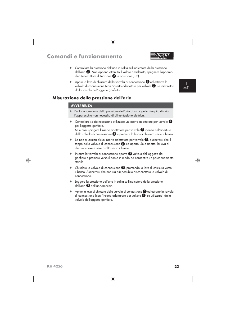Comandi e funzionamento, Misurazione della pressione dell'aria, It mt | Ultimate Speed KH 4256 User Manual | Page 25 / 72