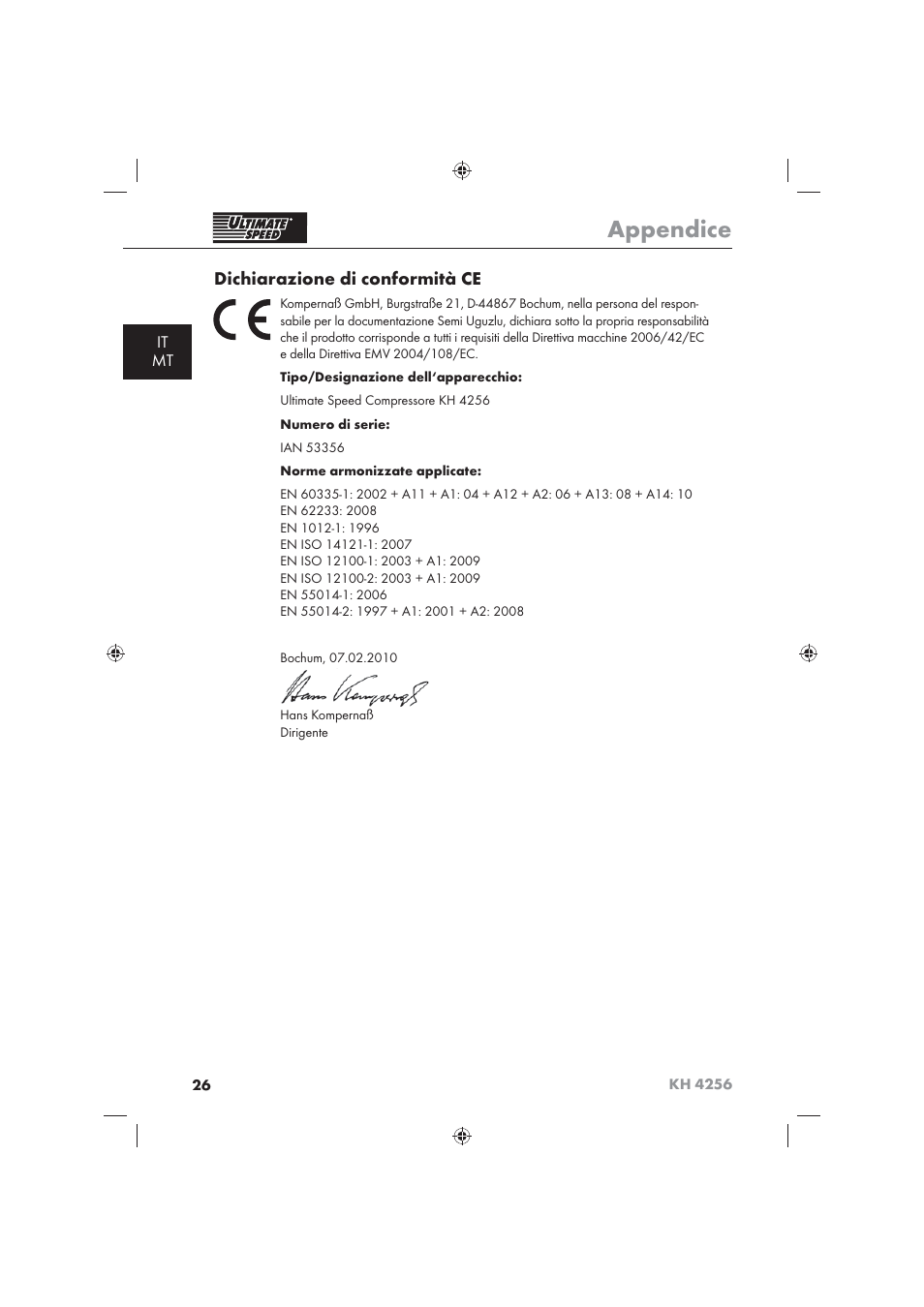 Appendice, Dichiarazione di conformità ce, It mt | Ultimate Speed KH 4256 User Manual | Page 28 / 72