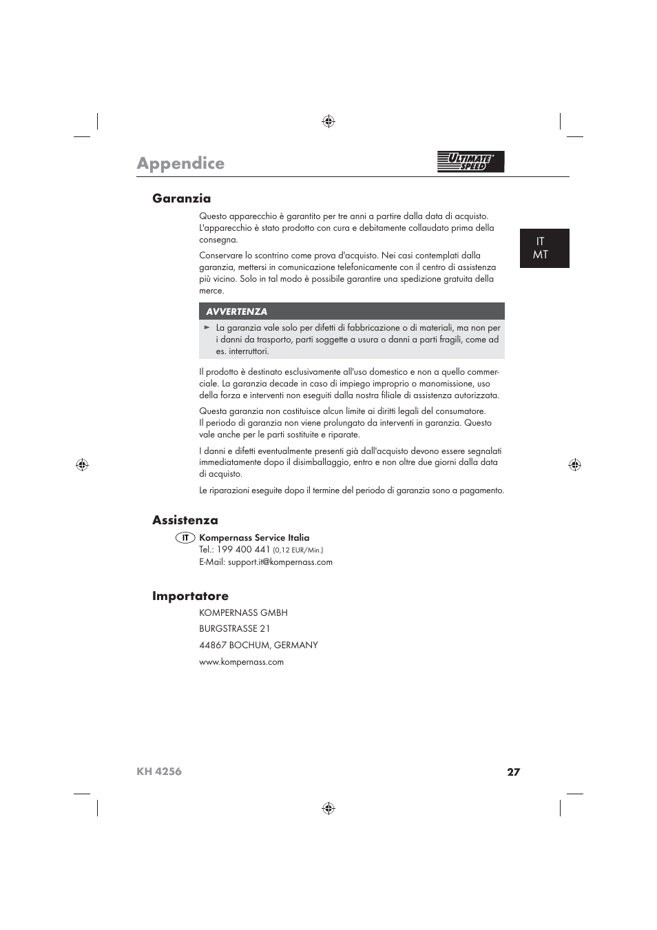 Appendice, Garanzia, Assistenza | Importatore, It mt | Ultimate Speed KH 4256 User Manual | Page 29 / 72