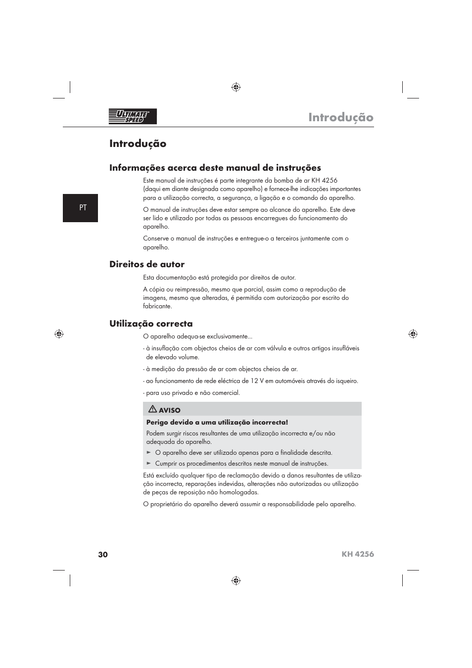 Introdução, Informações acerca deste manual de instruções, Direitos de autor | Utilização correcta | Ultimate Speed KH 4256 User Manual | Page 32 / 72