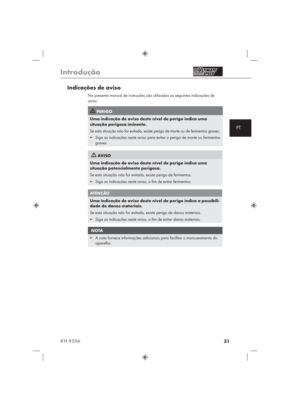 Introdução, Indicações de aviso | Ultimate Speed KH 4256 User Manual | Page 33 / 72