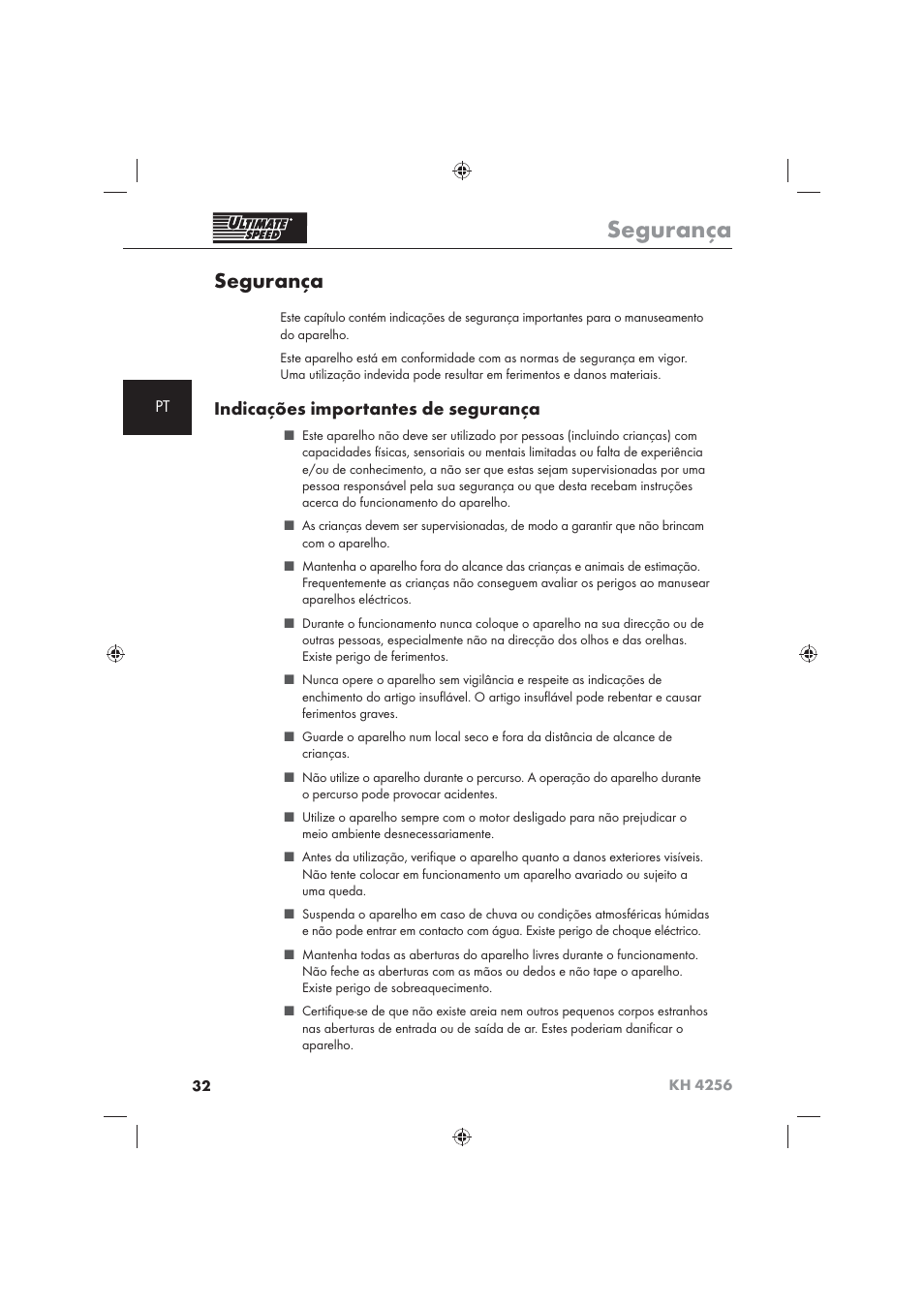 Segurança, Indicações importantes de segurança | Ultimate Speed KH 4256 User Manual | Page 34 / 72