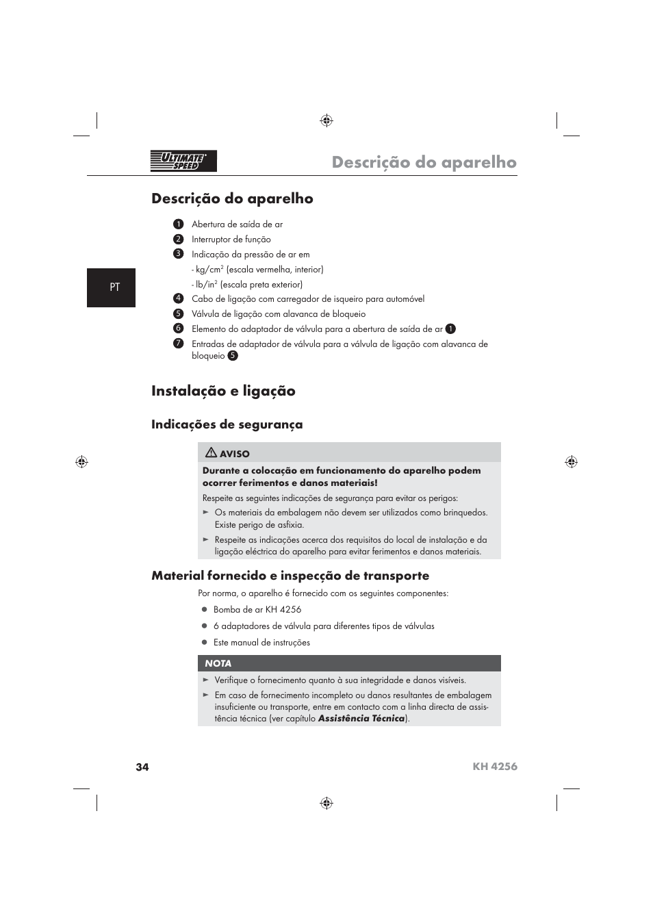 Descrição do aparelho, Instalação e ligação, Indicações de segurança | Material fornecido e inspecção de transporte | Ultimate Speed KH 4256 User Manual | Page 36 / 72