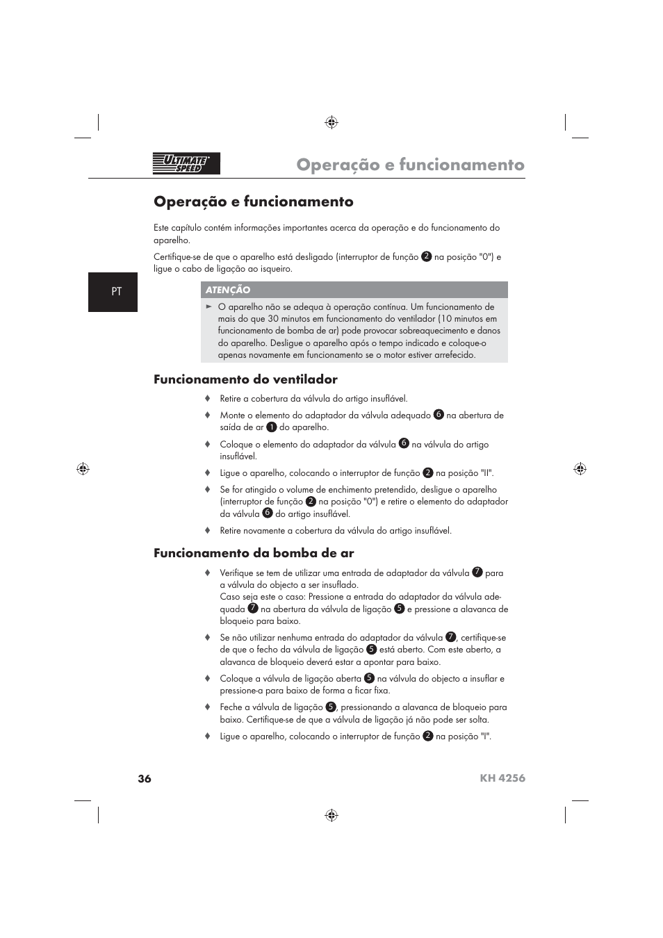 Operação e funcionamento, Funcionamento do ventilador, Funcionamento da bomba de ar | Ultimate Speed KH 4256 User Manual | Page 38 / 72
