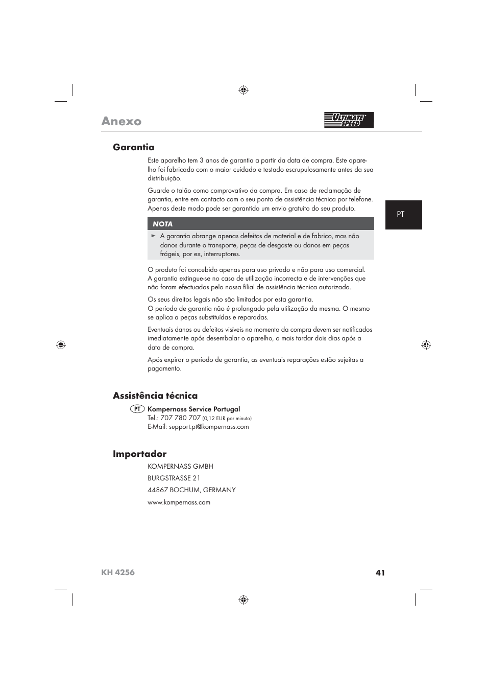 Anexo, Garantia, Assistência técnica | Importador | Ultimate Speed KH 4256 User Manual | Page 43 / 72