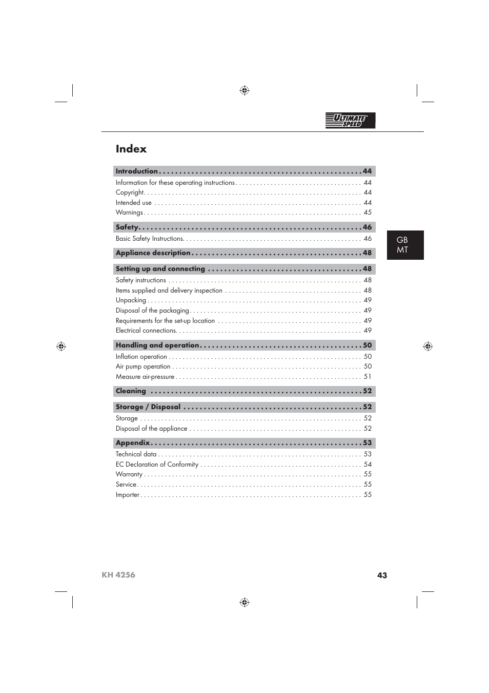 Index, Gb mt | Ultimate Speed KH 4256 User Manual | Page 45 / 72