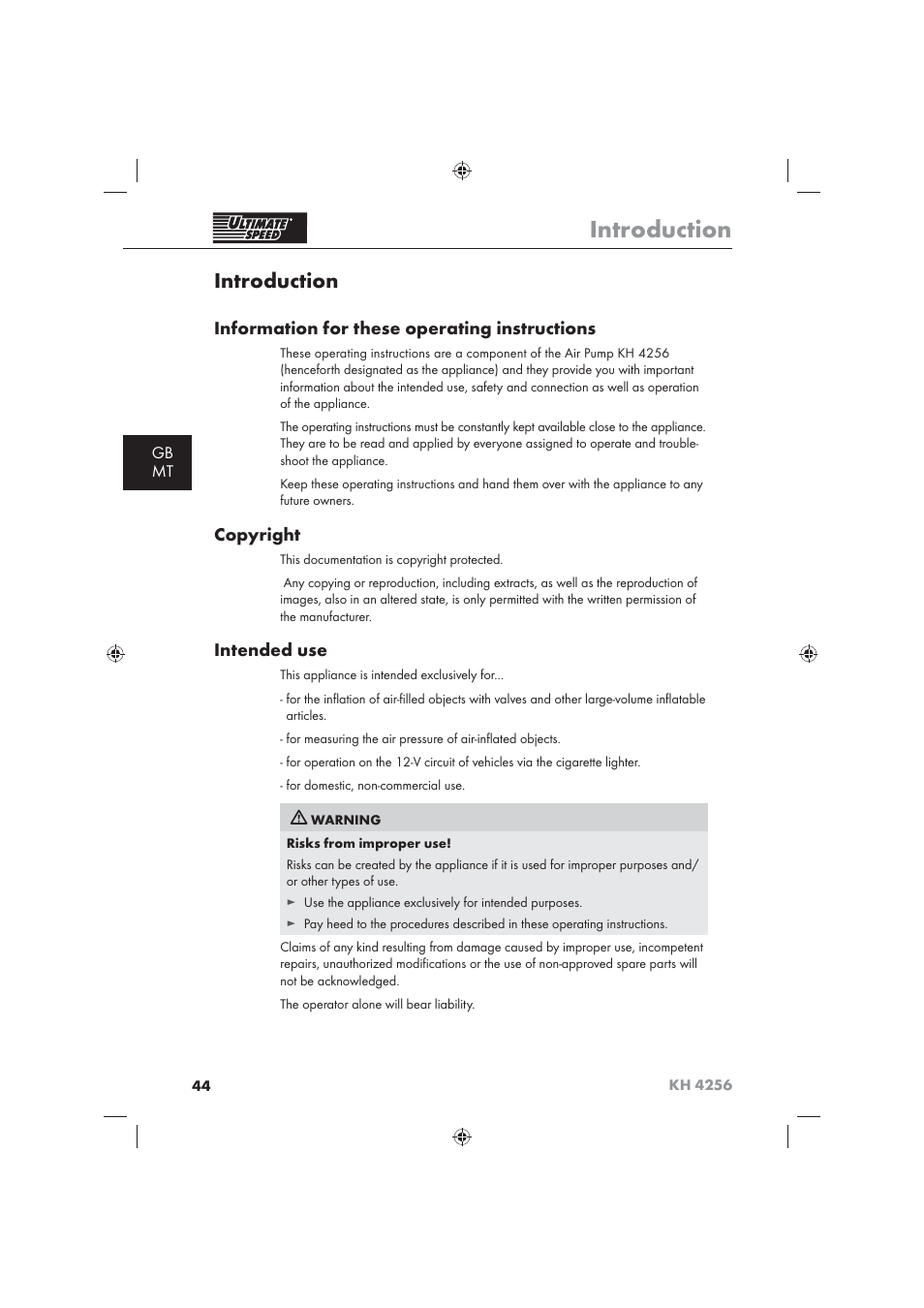 Introduction, Information for these operating instructions, Copyright | Intended use, Gb mt | Ultimate Speed KH 4256 User Manual | Page 46 / 72