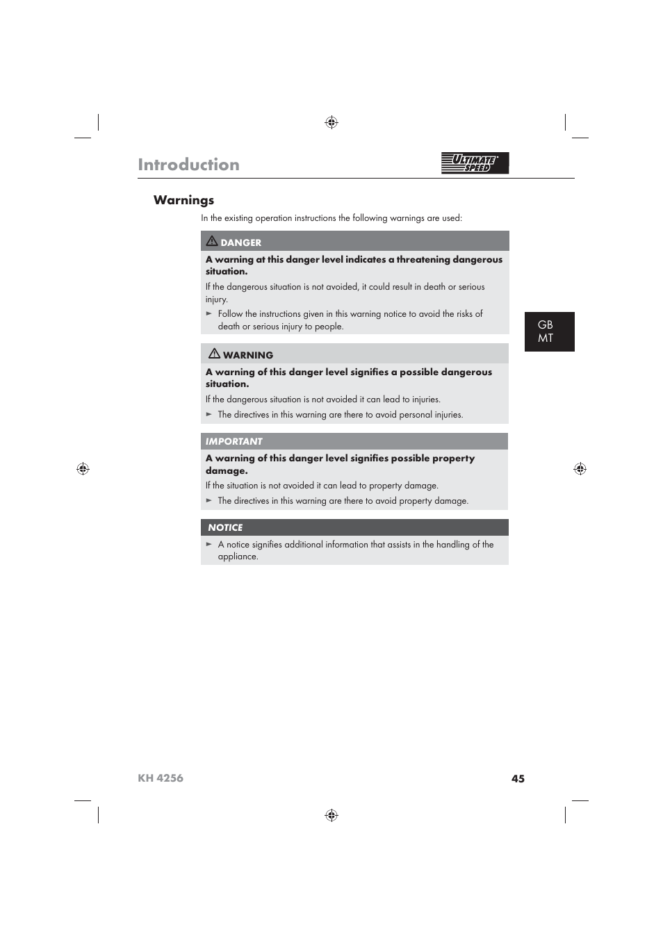 Introduction, Warnings, Gb mt | Ultimate Speed KH 4256 User Manual | Page 47 / 72