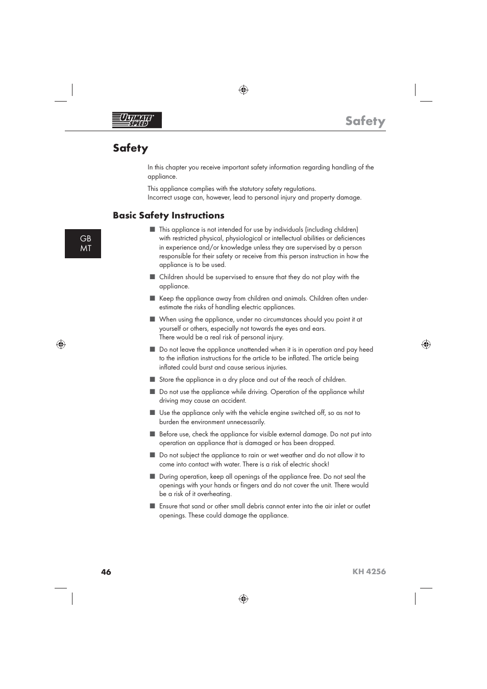 Safety, Basic safety instructions, Gb mt | Ultimate Speed KH 4256 User Manual | Page 48 / 72