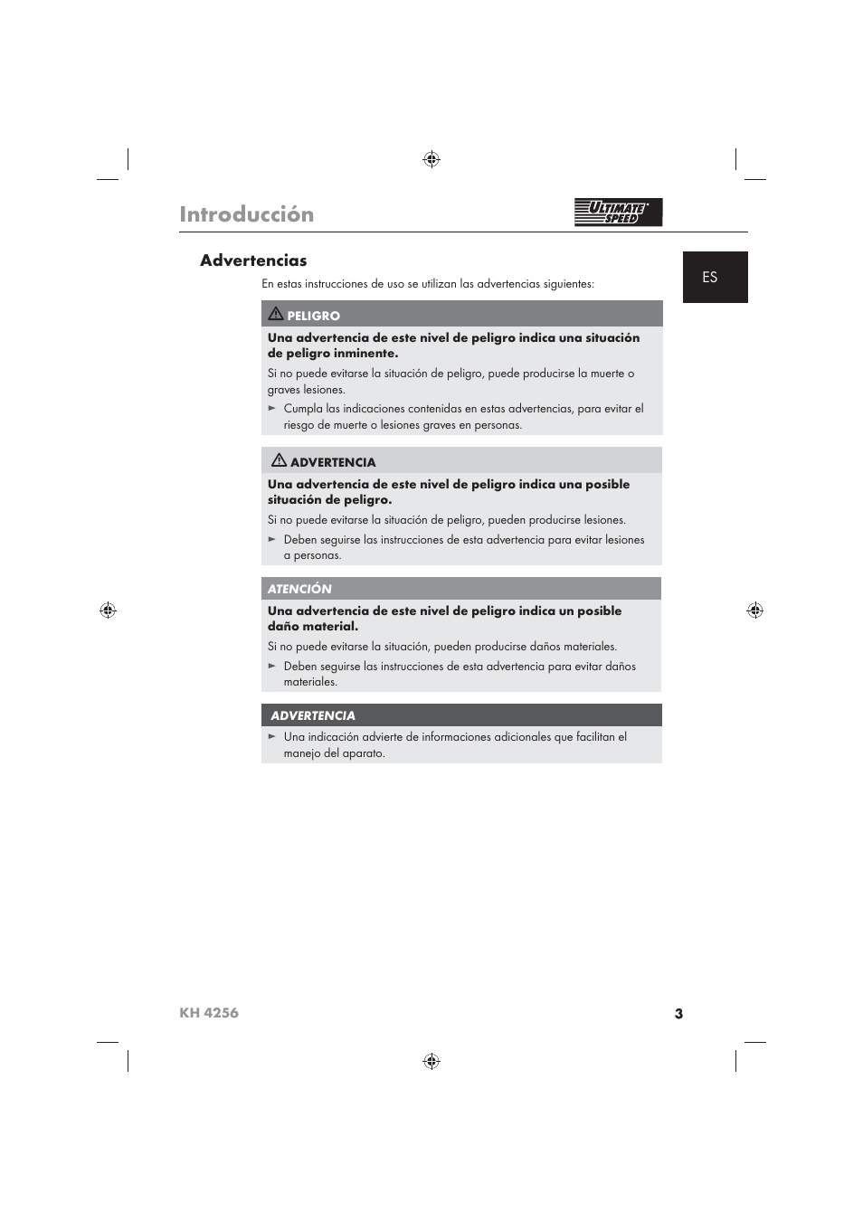 Introducción, Advertencias | Ultimate Speed KH 4256 User Manual | Page 5 / 72