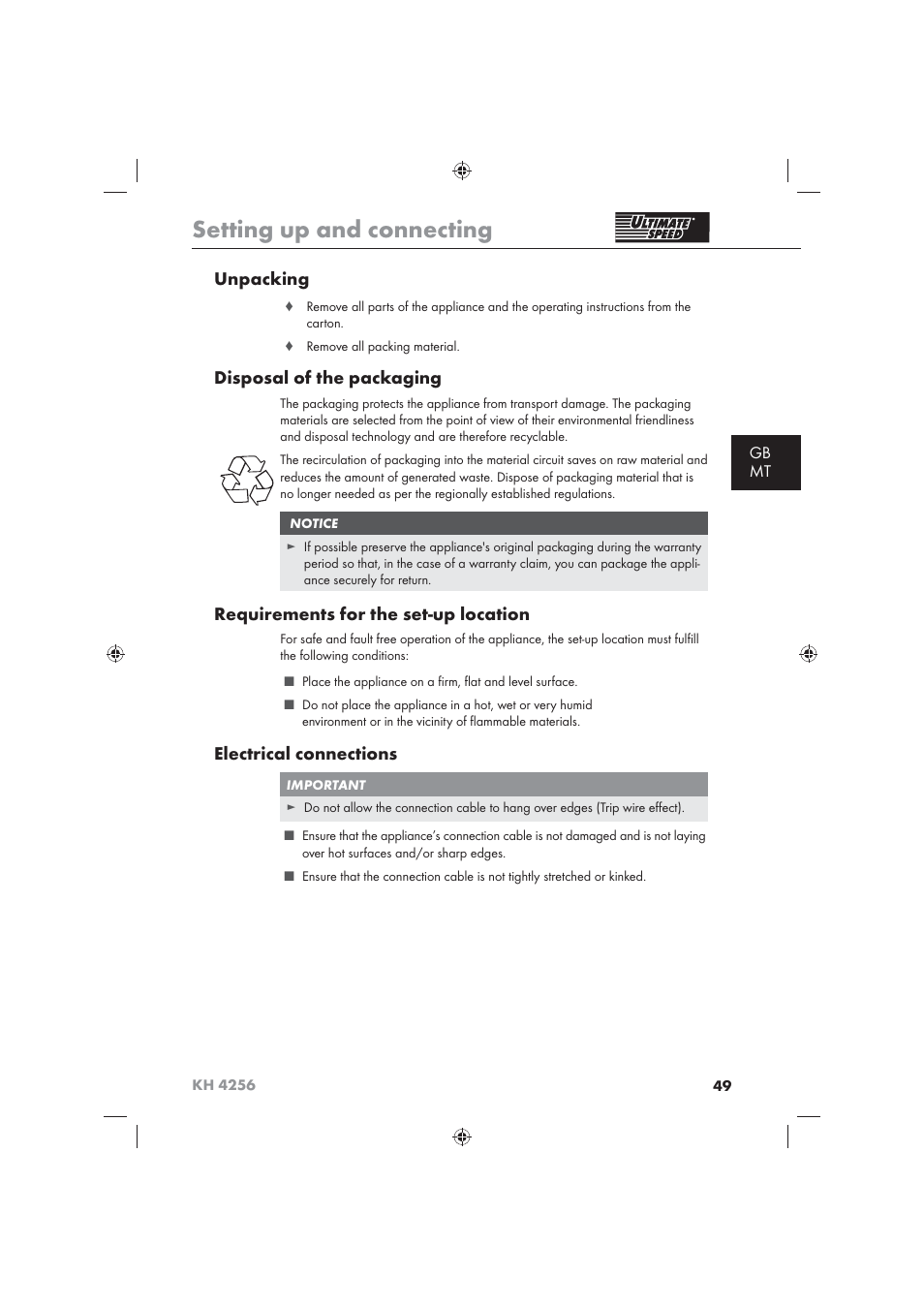 Setting up and connecting, Unpacking, Disposal of the packaging | Requirements for the set-up location, Electrical connections, Gb mt | Ultimate Speed KH 4256 User Manual | Page 51 / 72