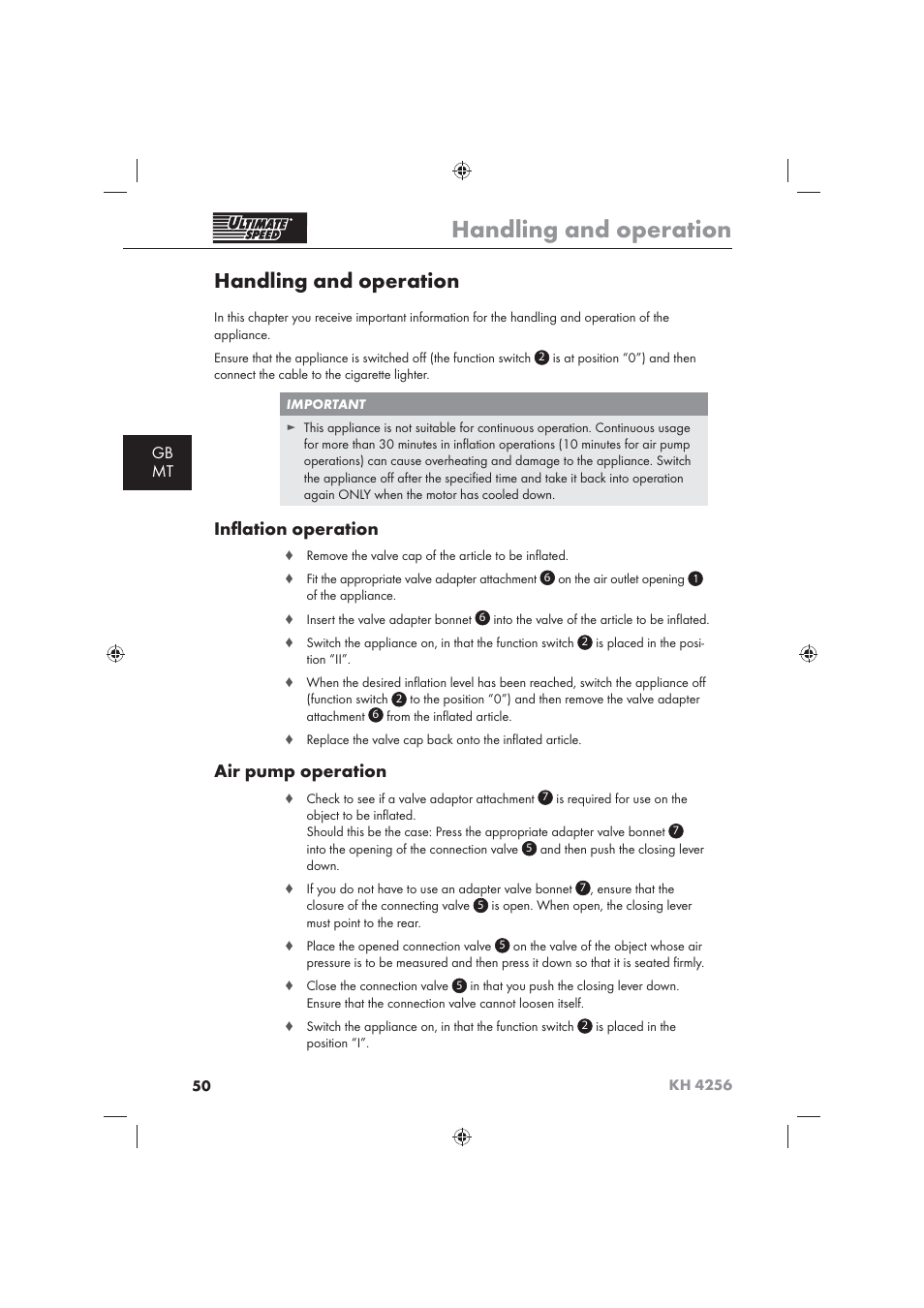 Handling and operation, Inﬂ ation operation, Air pump operation | Gb mt | Ultimate Speed KH 4256 User Manual | Page 52 / 72
