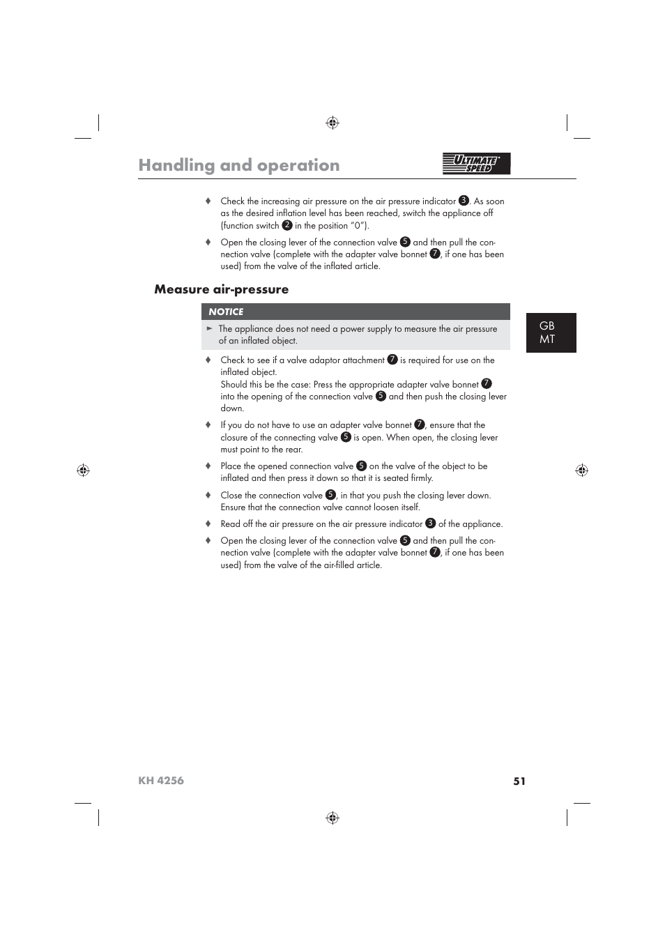 Handling and operation, Measure air-pressure, Gb mt | Ultimate Speed KH 4256 User Manual | Page 53 / 72