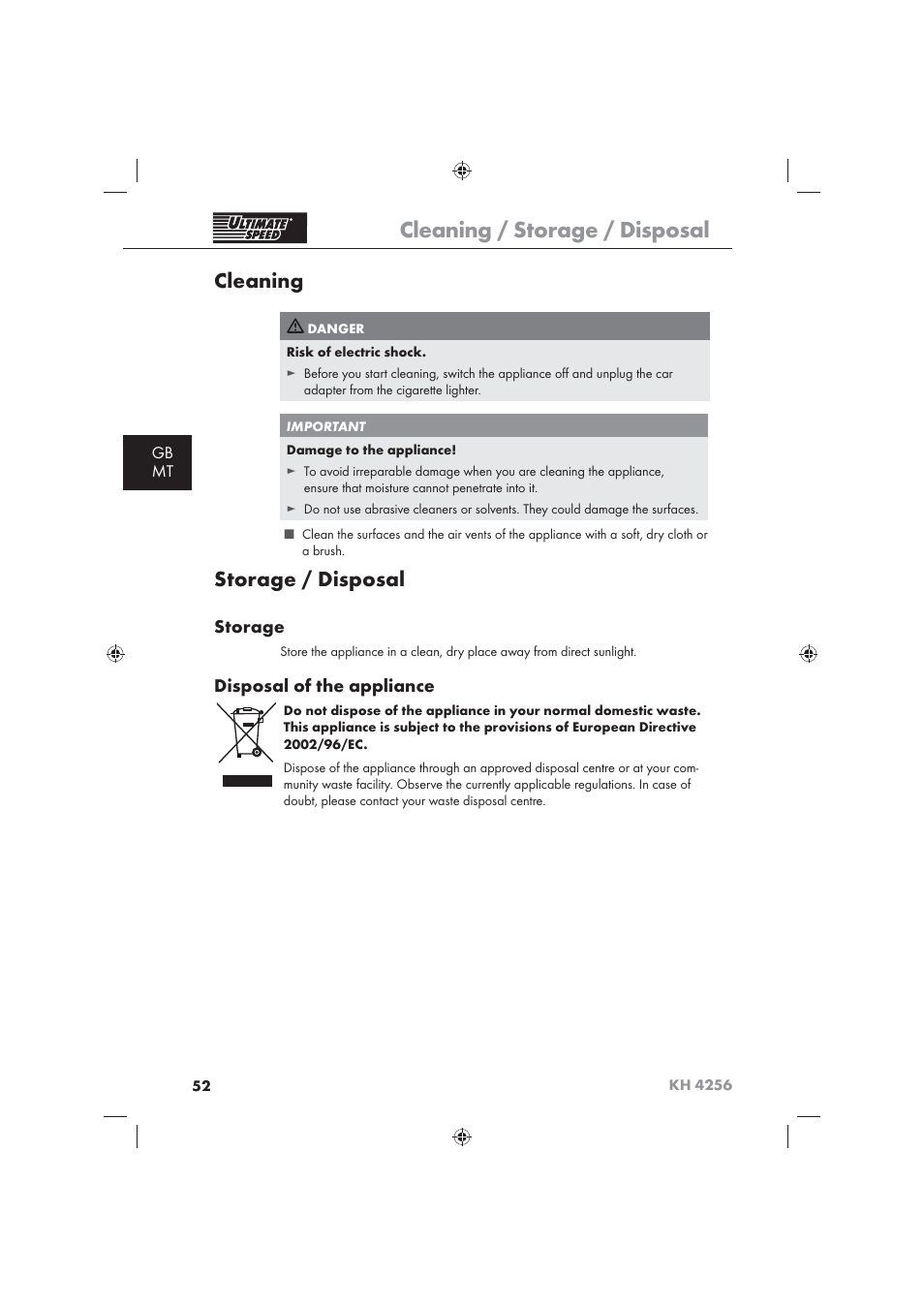 Cleaning / storage / disposal, Cleaning, Storage / disposal | Storage, Disposal of the appliance, Gb mt | Ultimate Speed KH 4256 User Manual | Page 54 / 72