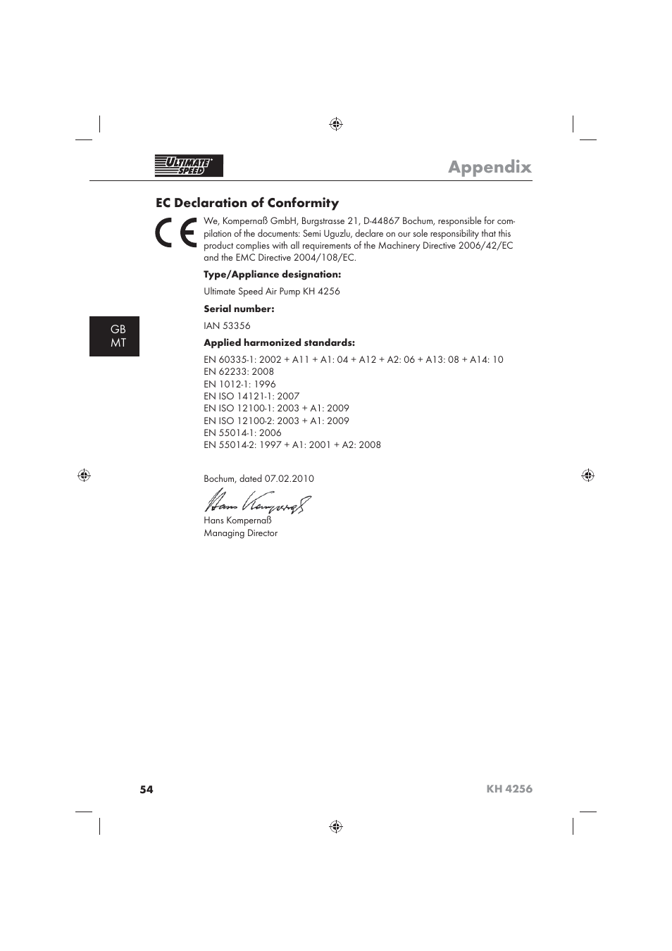 Appendix, Ec declaration of conformity, Gb mt | Ultimate Speed KH 4256 User Manual | Page 56 / 72