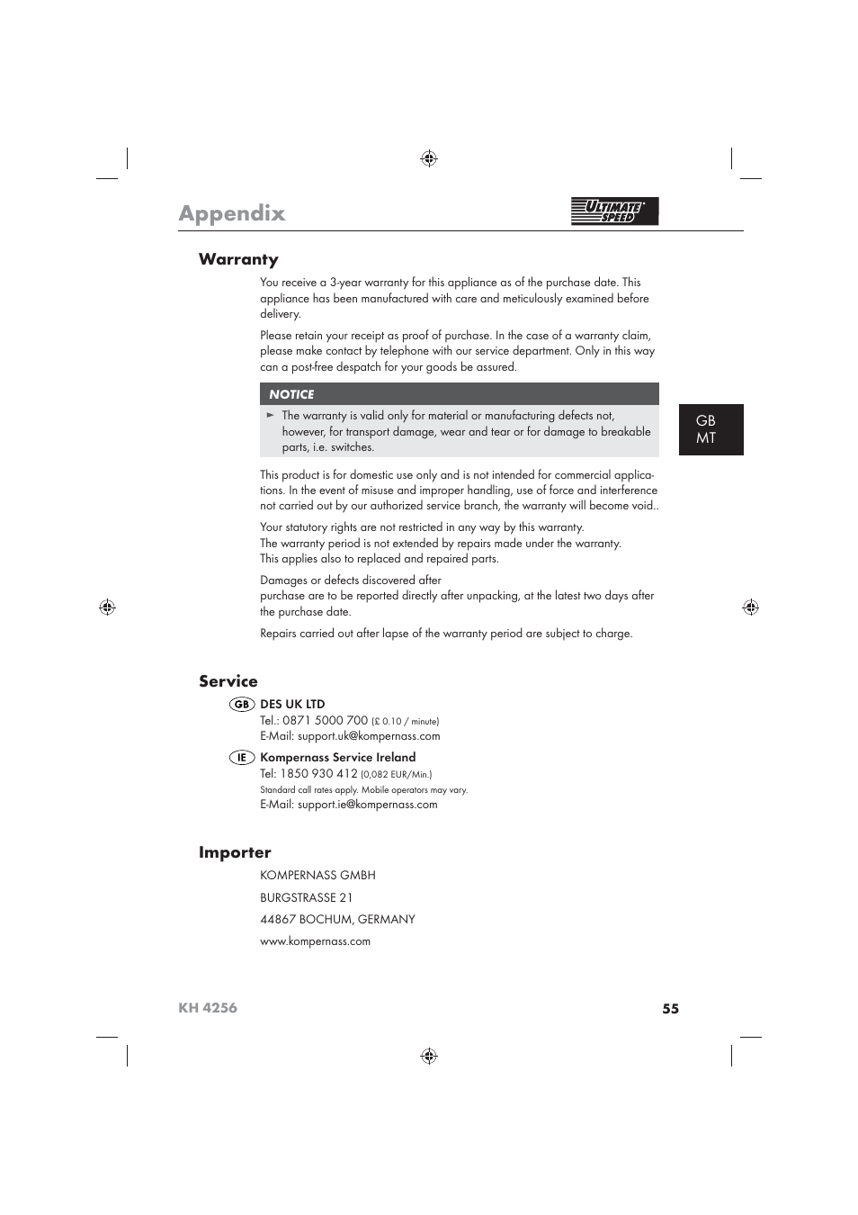 Appendix, Warranty, Service | Importer, Gb mt | Ultimate Speed KH 4256 User Manual | Page 57 / 72