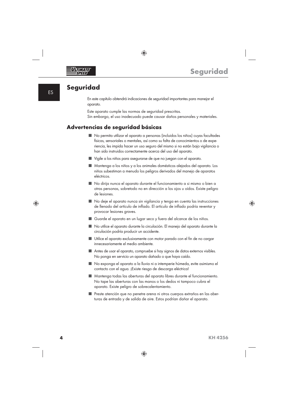 Seguridad, Advertencias de seguridad básicas | Ultimate Speed KH 4256 User Manual | Page 6 / 72