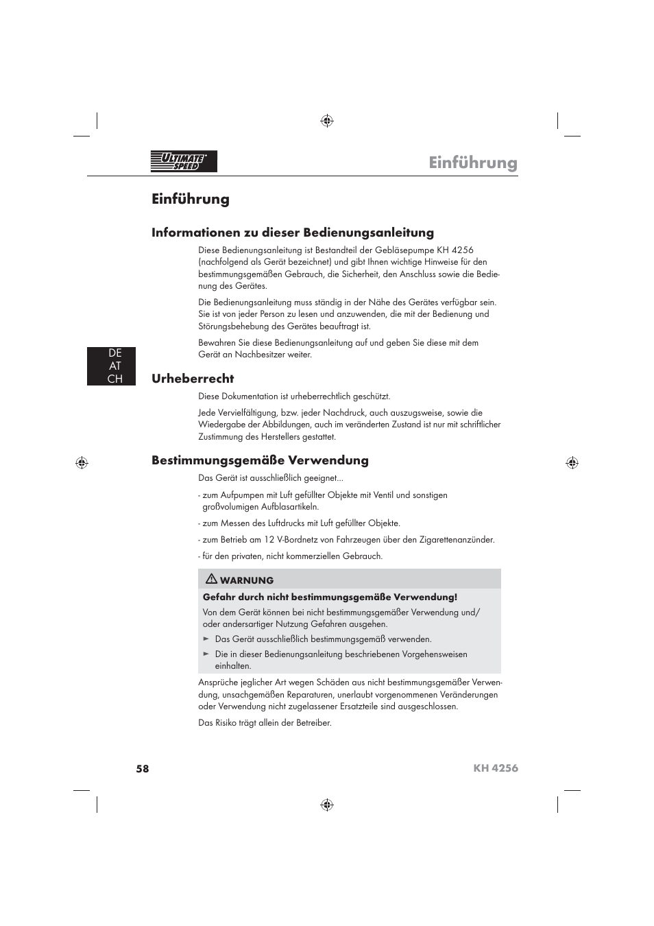 Einführung, Informationen zu dieser bedienungsanleitung, Urheberrecht | Bestimmungsgemäße verwendung, De at ch | Ultimate Speed KH 4256 User Manual | Page 60 / 72