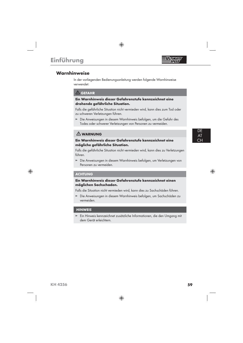 Einführung, Warnhinweise, De at ch | Ultimate Speed KH 4256 User Manual | Page 61 / 72