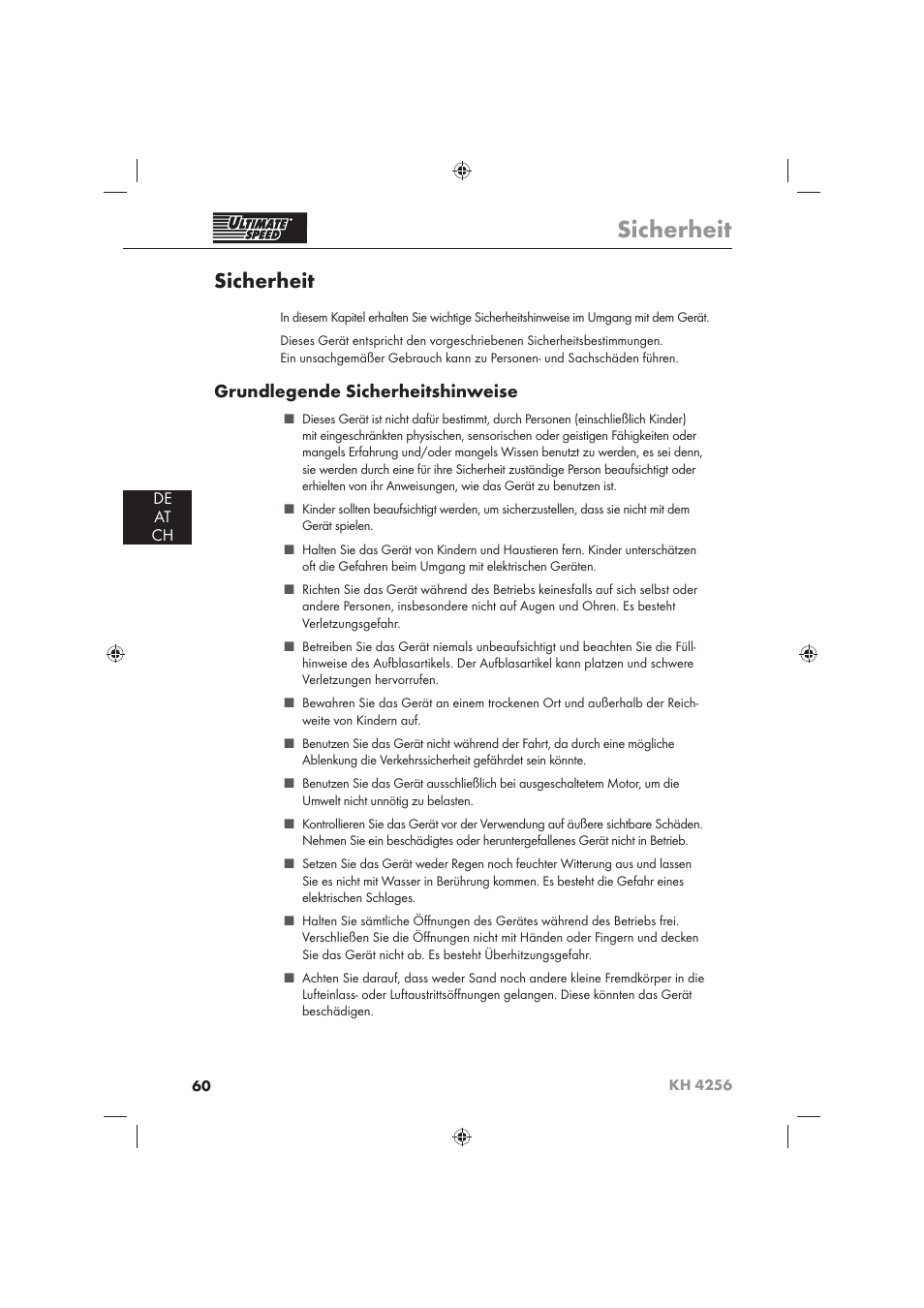 Sicherheit, Grundlegende sicherheitshinweise, De at ch | Ultimate Speed KH 4256 User Manual | Page 62 / 72