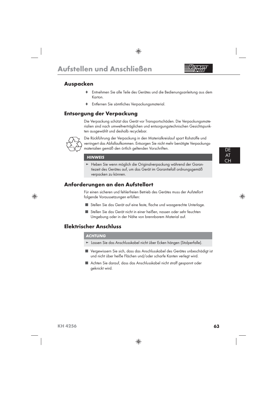 Aufstellen und anschließen, Auspacken, Entsorgung der verpackung | Anforderungen an den aufstellort, Elektrischer anschluss, De at ch | Ultimate Speed KH 4256 User Manual | Page 65 / 72