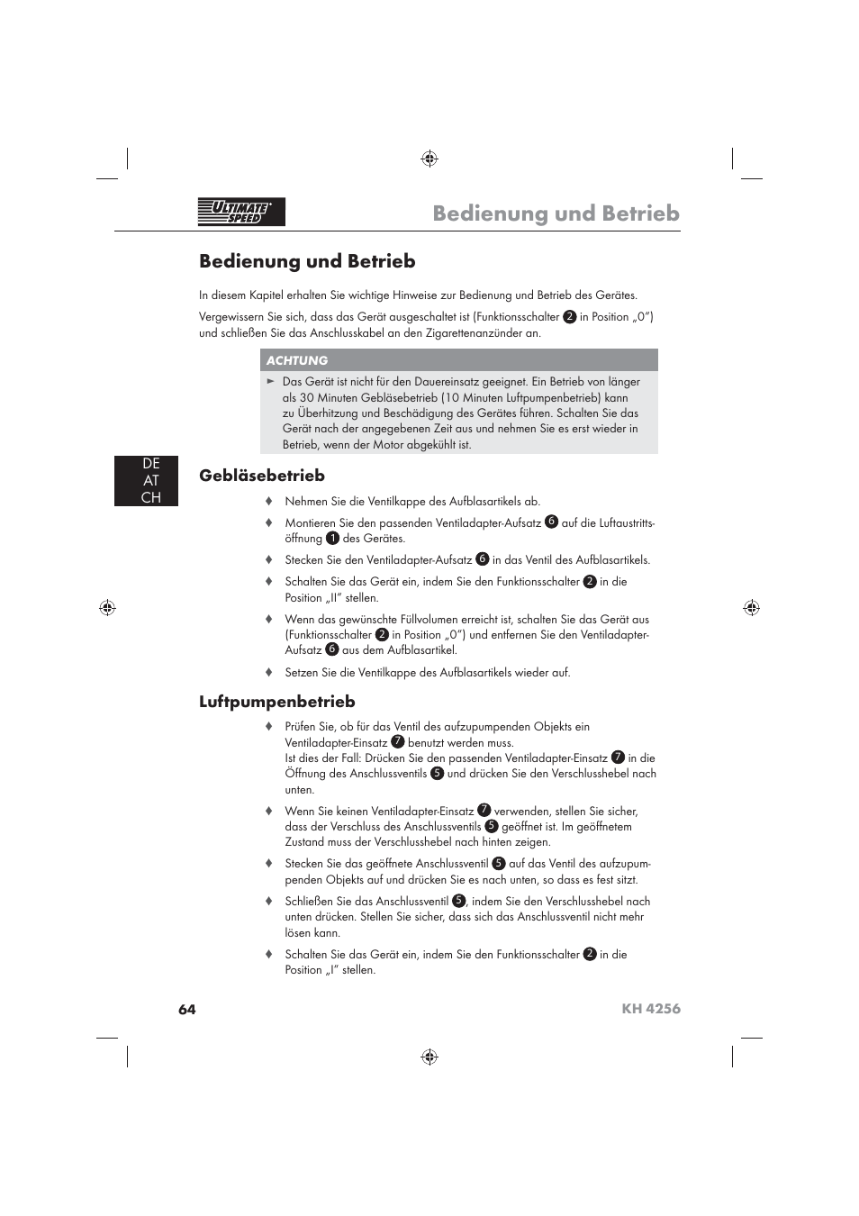 Bedienung und betrieb, Gebläsebetrieb, Luftpumpenbetrieb | De at ch | Ultimate Speed KH 4256 User Manual | Page 66 / 72