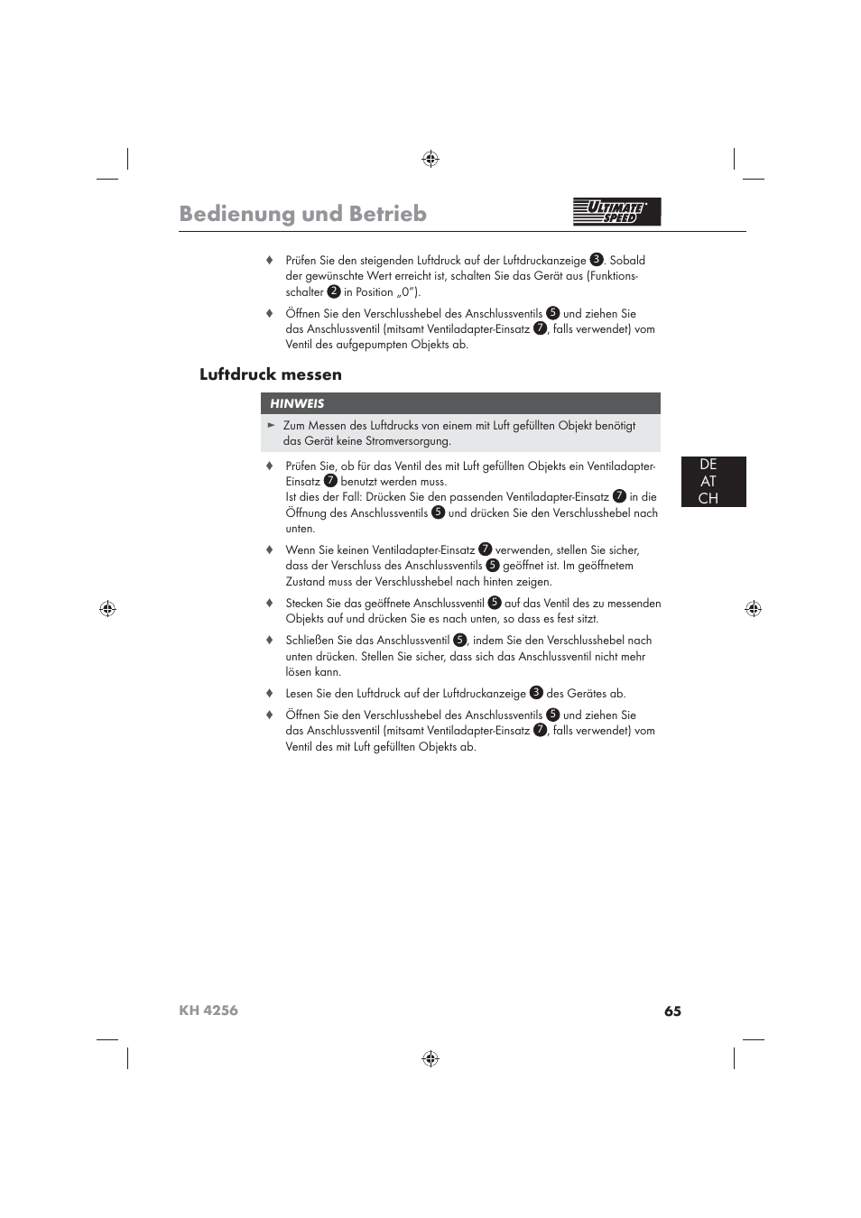 Bedienung und betrieb, Luftdruck messen, De at ch | Ultimate Speed KH 4256 User Manual | Page 67 / 72