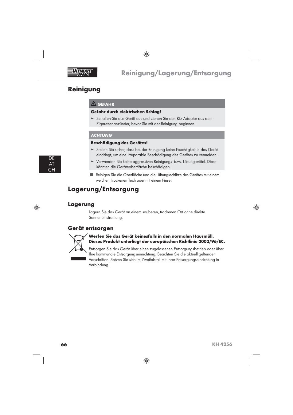 Reinigung/lagerung/entsorgung, Reinigung, Lagerung/entsorgung | Lagerung, Gerät entsorgen, De at ch | Ultimate Speed KH 4256 User Manual | Page 68 / 72