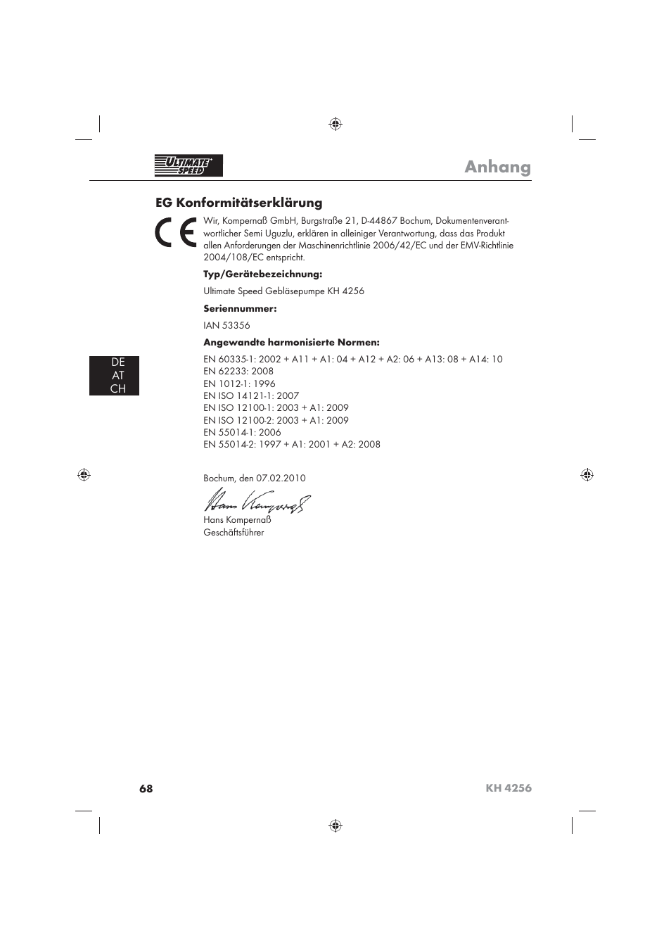 Anhang, Eg konformitätserklärung, De at ch | Ultimate Speed KH 4256 User Manual | Page 70 / 72