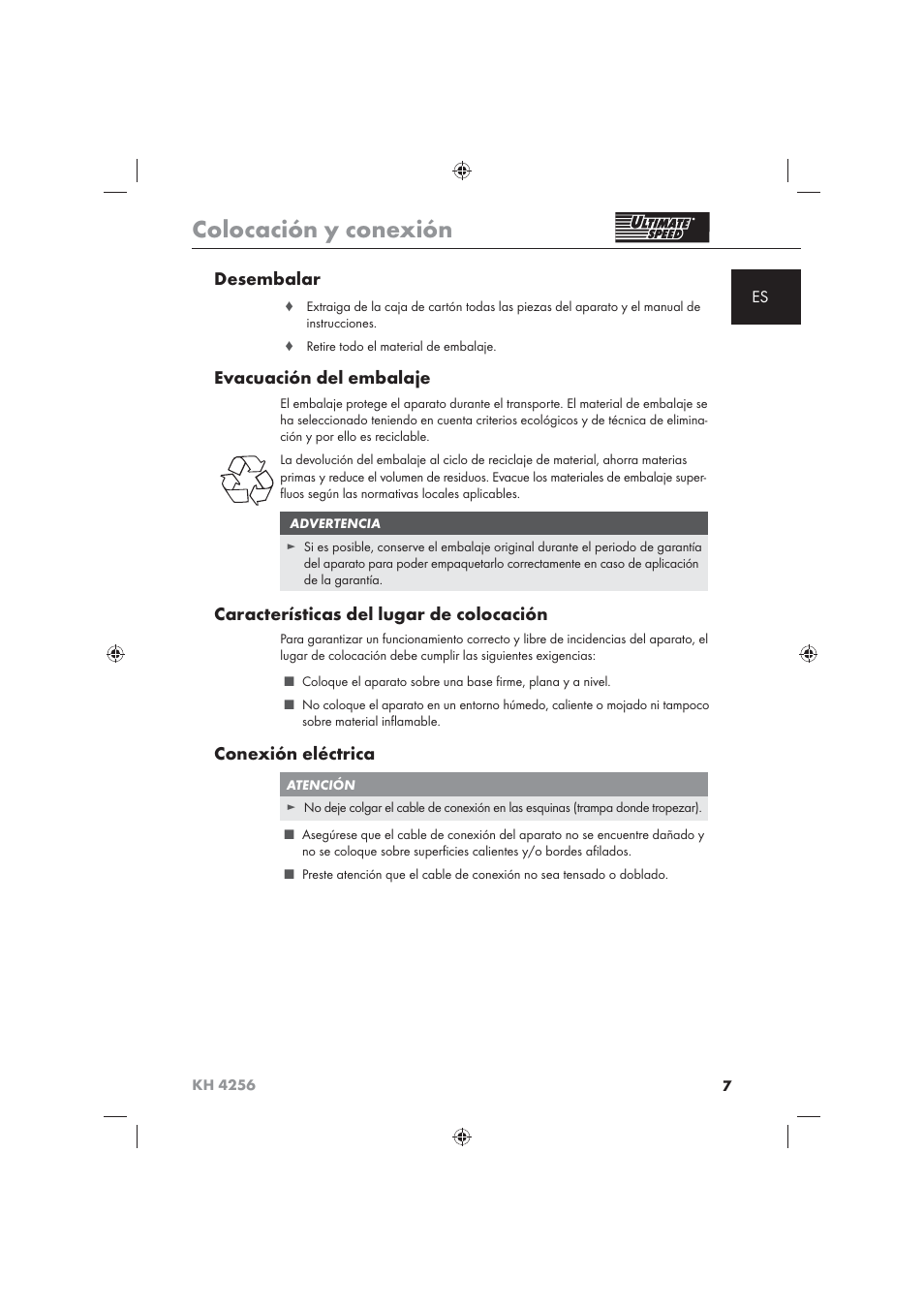 Colocación y conexión, Desembalar, Evacuación del embalaje | Características del lugar de colocación, Conexión eléctrica | Ultimate Speed KH 4256 User Manual | Page 9 / 72