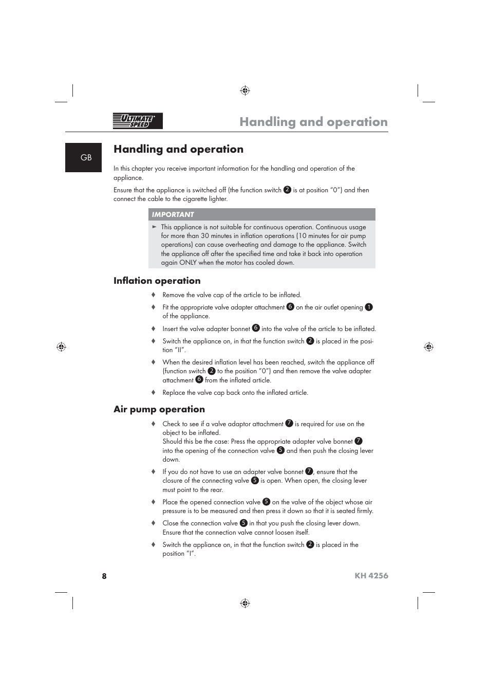 Handling and operation, Inﬂ ation operation, Air pump operation | Ultimate Speed KH 4256 User Manual | Page 10 / 100