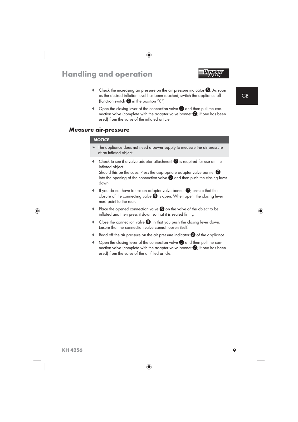 Handling and operation, Measure air-pressure | Ultimate Speed KH 4256 User Manual | Page 11 / 100