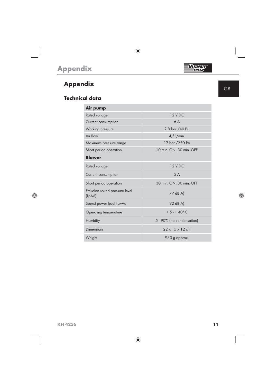 Appendix, Technical data | Ultimate Speed KH 4256 User Manual | Page 13 / 100
