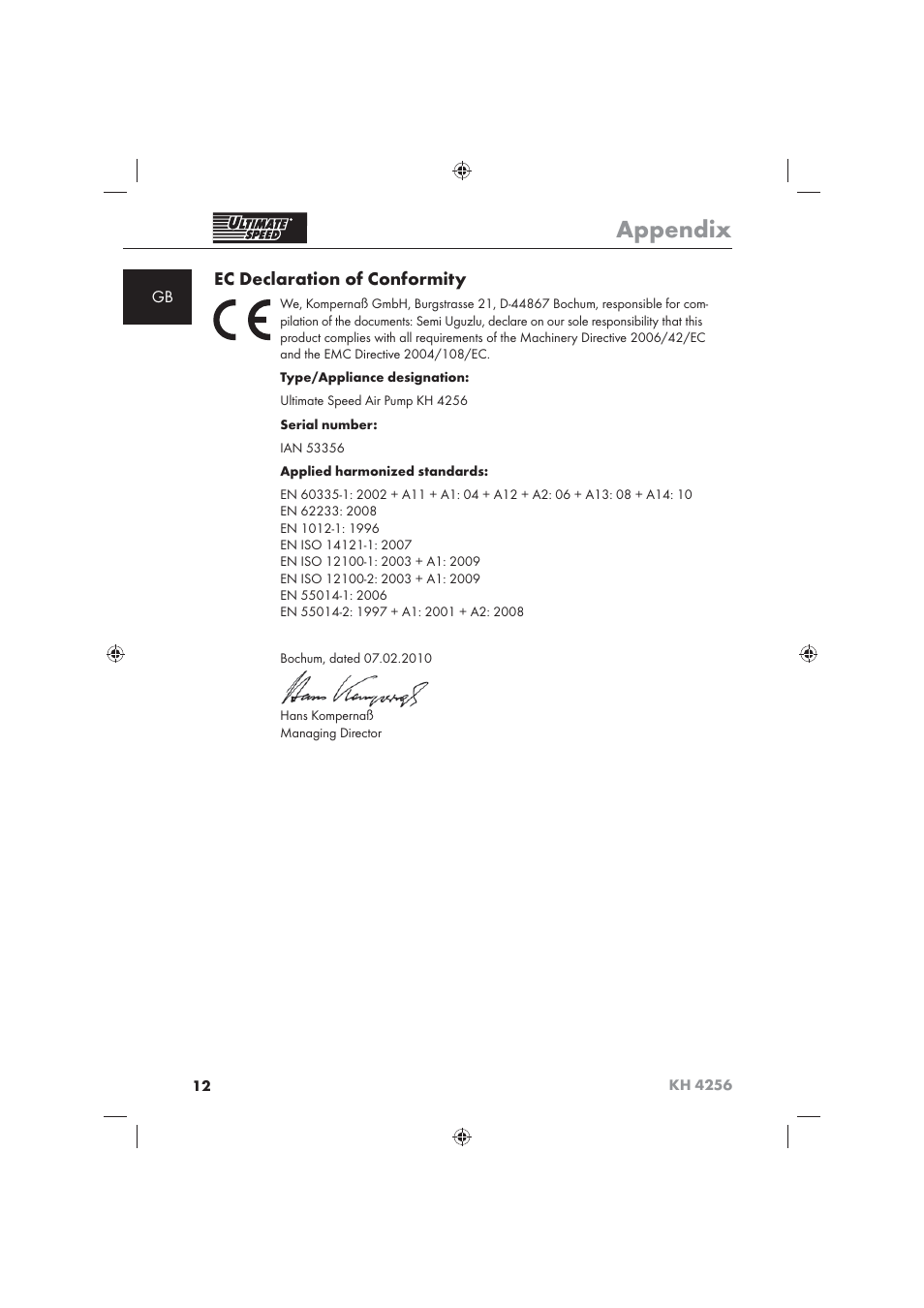 Appendix, Ec declaration of conformity | Ultimate Speed KH 4256 User Manual | Page 14 / 100