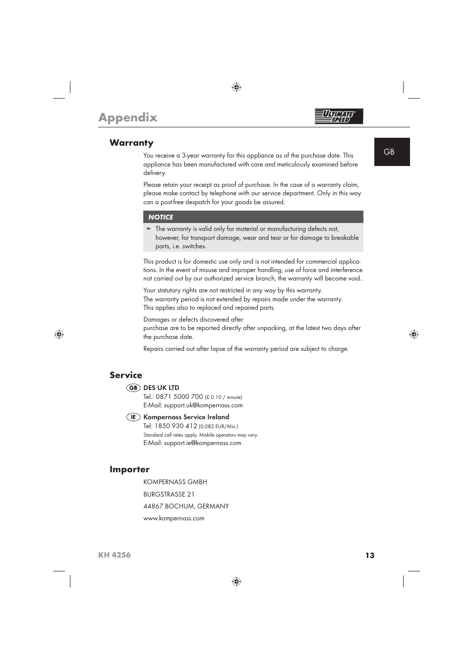 Appendix, Warranty, Service | Importer | Ultimate Speed KH 4256 User Manual | Page 15 / 100