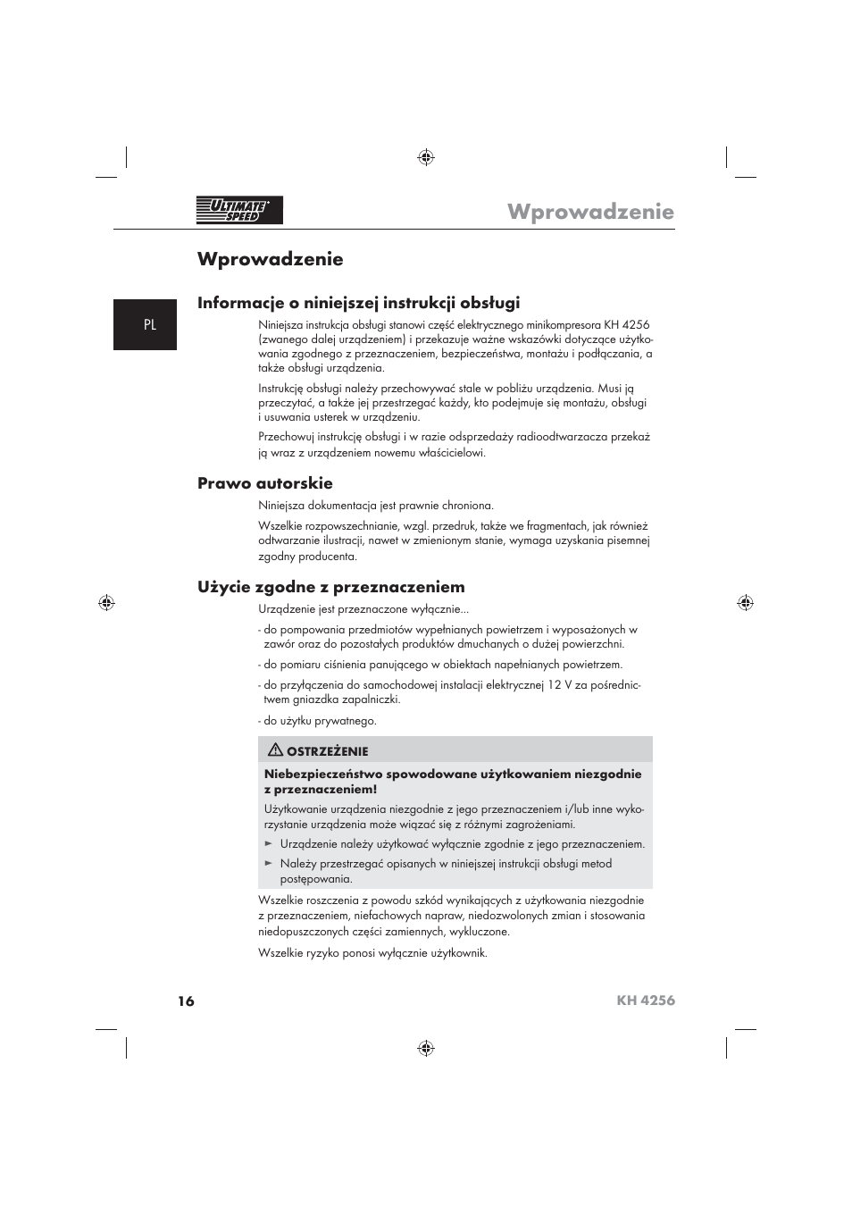 Wprowadzenie, Informacje o niniejszej instrukcji obsługi, Prawo autorskie | Użycie zgodne z przeznaczeniem | Ultimate Speed KH 4256 User Manual | Page 18 / 100