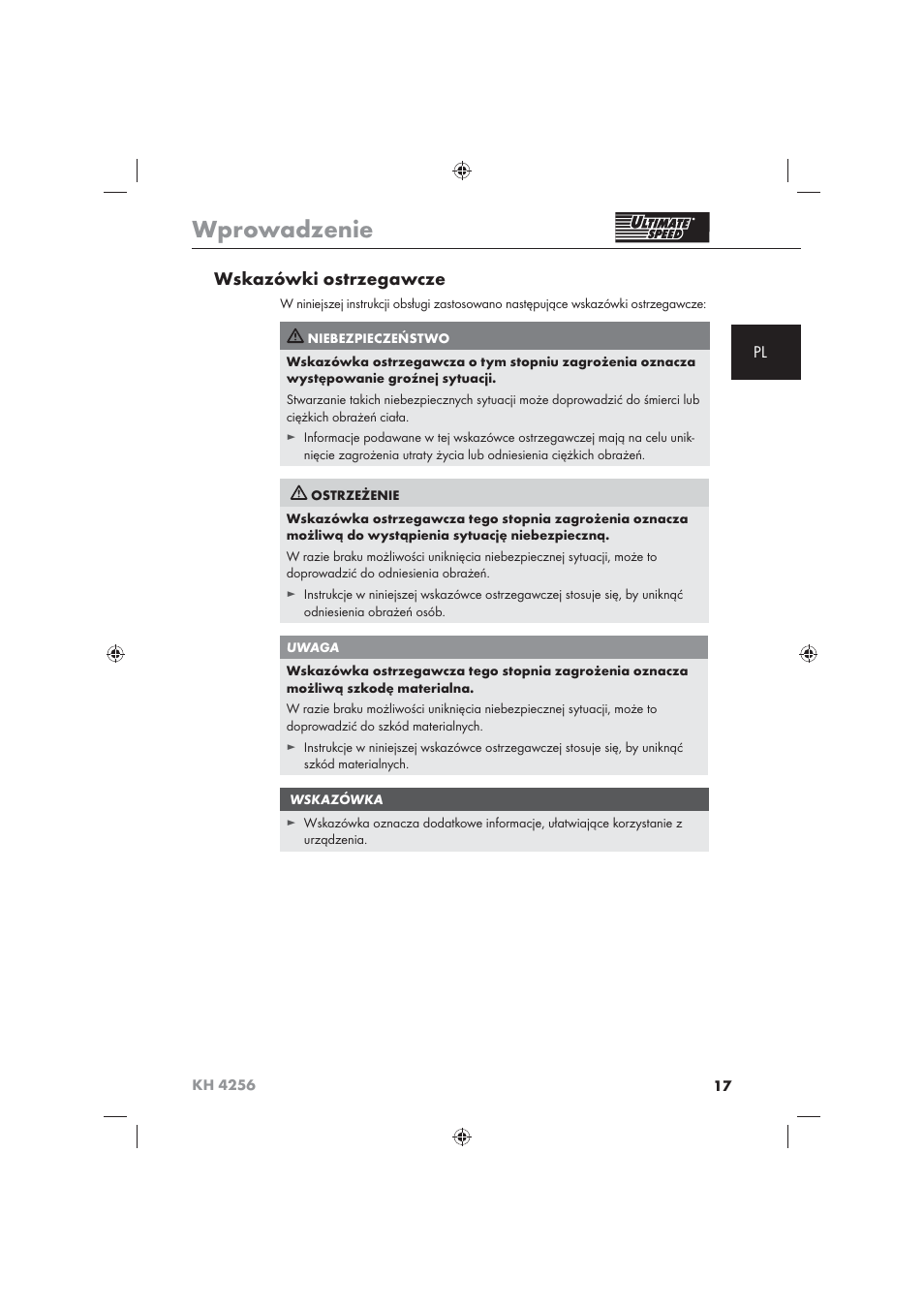 Wprowadzenie, Wskazówki ostrzegawcze | Ultimate Speed KH 4256 User Manual | Page 19 / 100