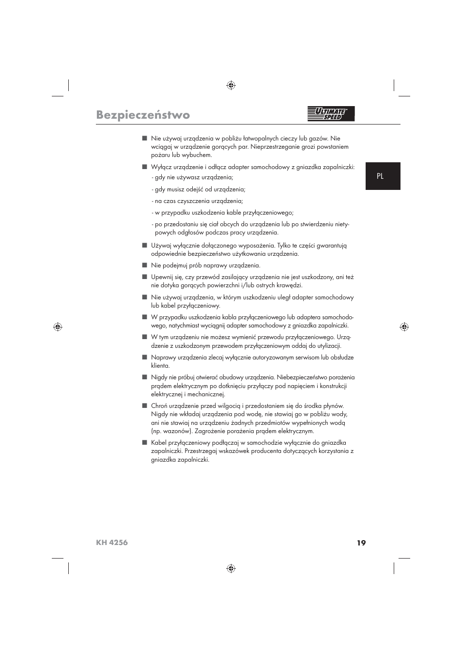 Bezpieczeństwo | Ultimate Speed KH 4256 User Manual | Page 21 / 100