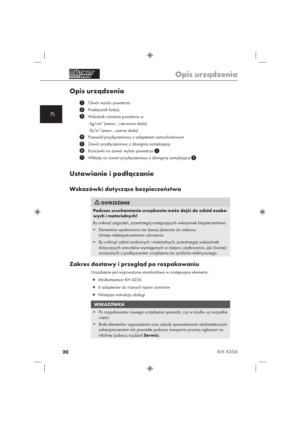 Opis urządzenia, Ustawianie i podłączanie, Wskazówki dotyczące bezpieczeństwa | Zakres dostawy i przegląd po rozpakowaniu | Ultimate Speed KH 4256 User Manual | Page 22 / 100