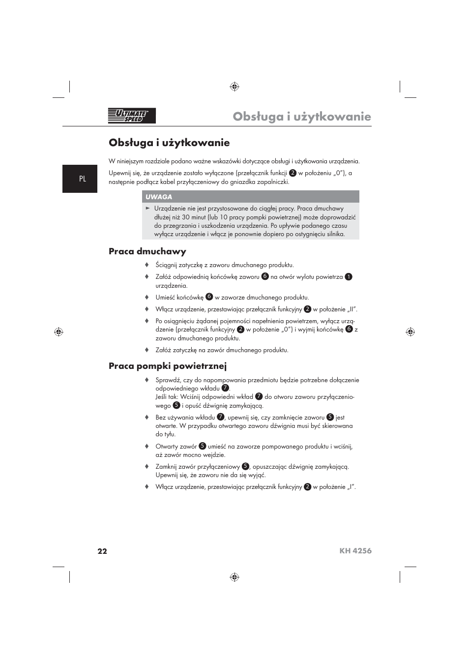 Obsługa i użytkowanie, Praca dmuchawy, Praca pompki powietrznej | Ultimate Speed KH 4256 User Manual | Page 24 / 100