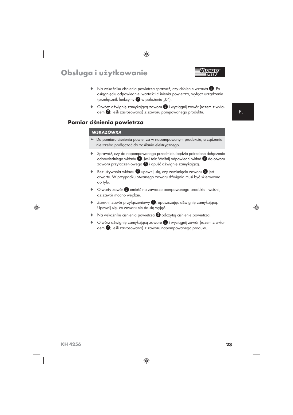 Obsługa i użytkowanie, Pomiar ciśnienia powietrza | Ultimate Speed KH 4256 User Manual | Page 25 / 100