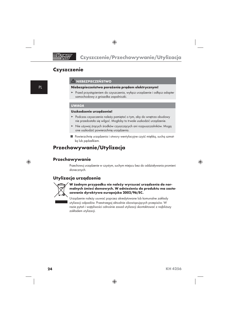 Czyszczenie/przechowywanie/utylizacja, Czyszczenie, Przechowywanie/utylizacja | Przechowywanie, Utylizacja urządzenia | Ultimate Speed KH 4256 User Manual | Page 26 / 100